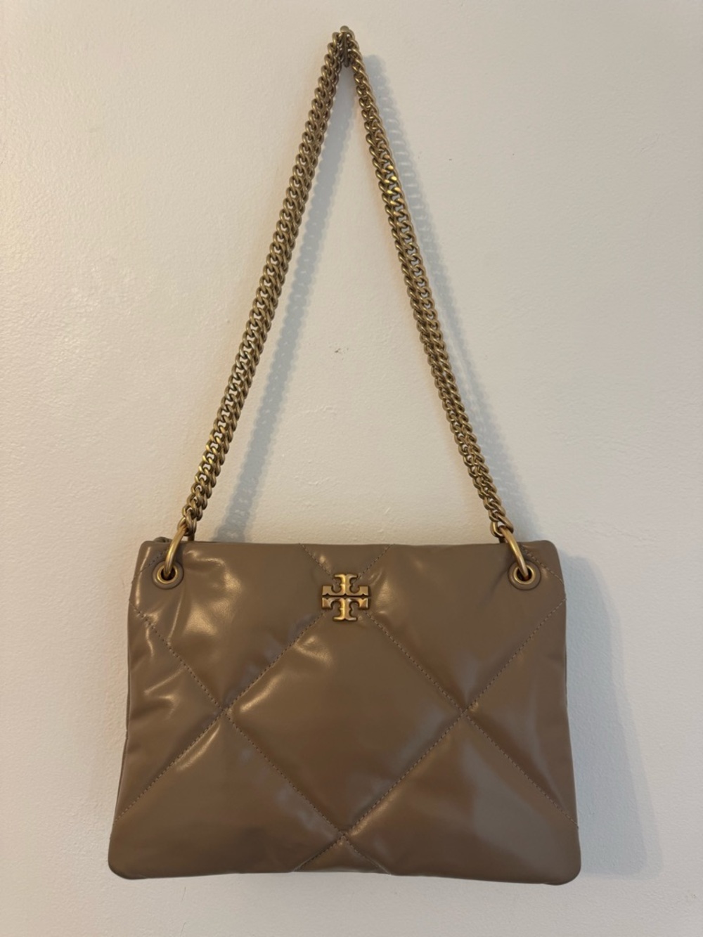 Tory Burch Kira Diamond Quilt Small Shoulder Bag in Taupe with Gold Chain